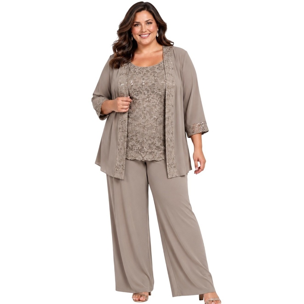 Catherines 24W 3 Piece Pant Set Taupe Sequin Lace Jacket Top Pants Gala Formal